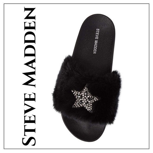 Steve Madden Shoes - Steve Madden Shimmer Black Faux Fur Crystal Slides
